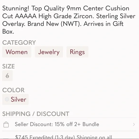 Sparkly Cushion Statement Ring size 6 NIB Megan M - Picture 9 of 9